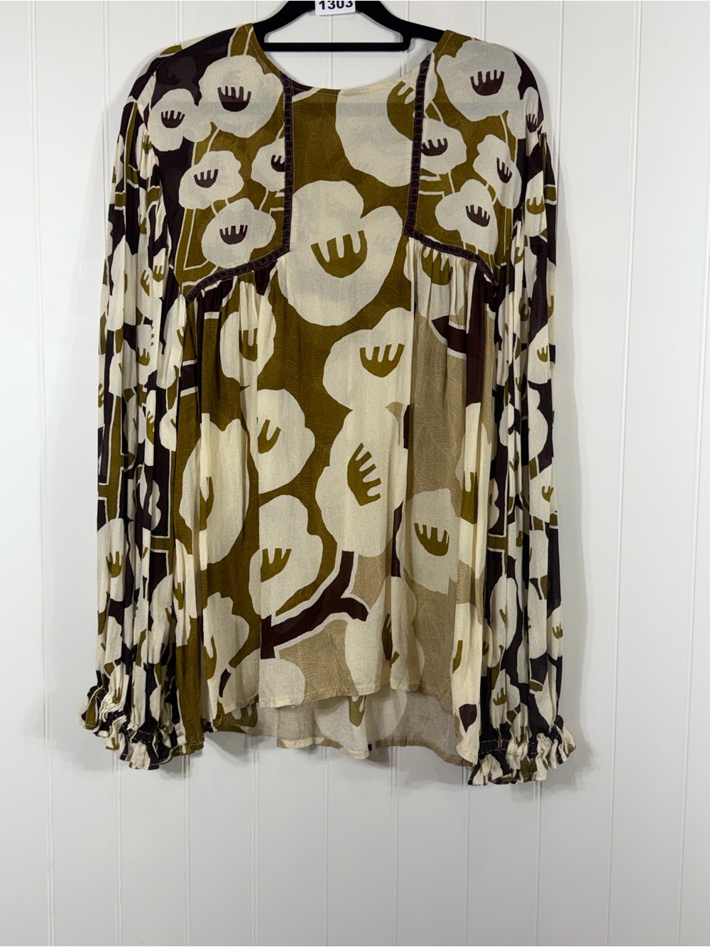 Blink London XL Abstract Floral Boho Peasant Blouse Cream Olive